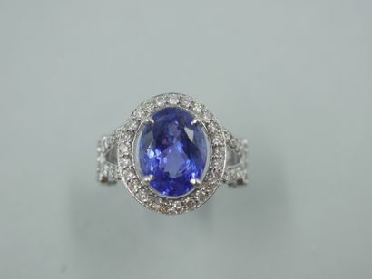 null Bague en or blanc 18k ornée d'une tanzanite ovale de 4cts environ dans un entourage...