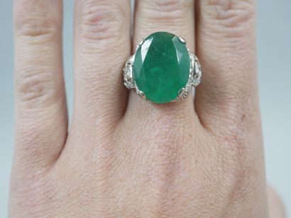 null 18k white gold ring set with a natural Brazilian emerald of 16,16cts in a diamond...