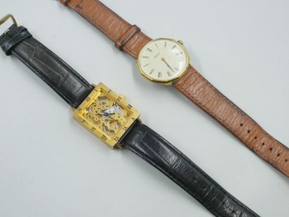 null Watch with rectangular case in gold plated, the transparent back. 

A metal...