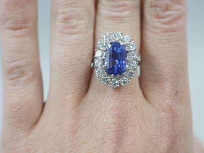 null 18k white gold ring set with a natural Ceylon sapphire of 8,88cts in a diamond...