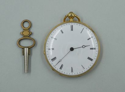null Pocket watch in 18k yellow gold. White enamelled dial with Roman numerals for...