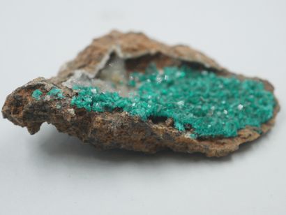 null Petite géode de dioptase sur fond de cristaux de quartz microcristallins. 

Provenance...