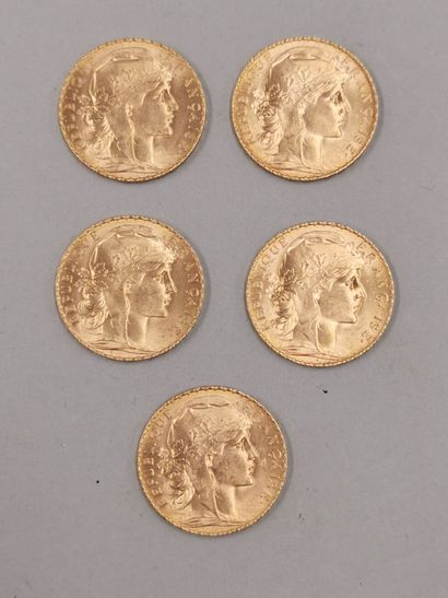 null Lot of 5 pieces of 20 francs gold with a rooster. 1914. 

Weight : 32,30gr