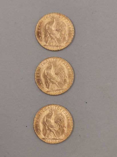null Lot de 3 pièces de 20 francs or au coq. 1913. 

Poids : 19,4gr