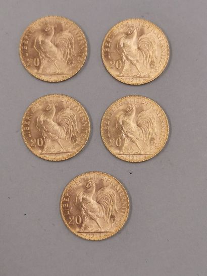 null Lot of 5 pieces of 20 francs gold with rooster. 1914. 

Weight : 32,30gr