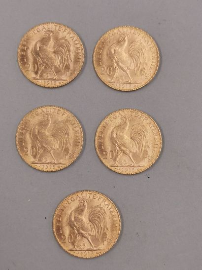 null Lot of 5 pieces of 20 francs gold with a rooster. 1913. 

Weight : 19,4gr