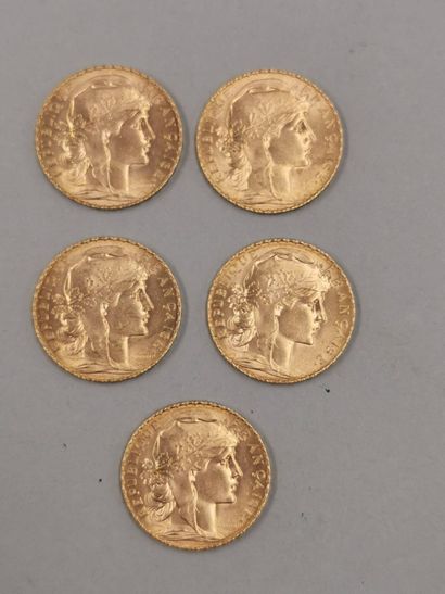 null Lot de 5 pièces de 20 francs or au coq. 1913. 

Poids : 19,4gr