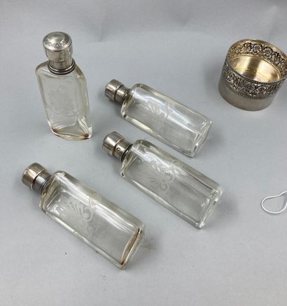 null Silver plated metal display with 4 glass bottles, decorated with flowers in...