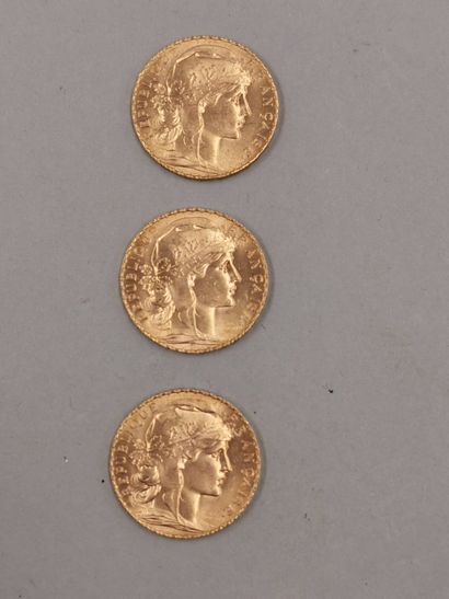 null Lot de 3 pièces de 20 francs or au coq. 1913. 

Poids : 19,4gr