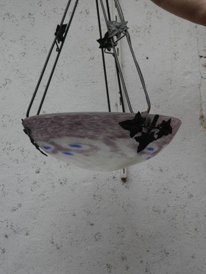 null White and blue marbled glass dome chandelier, wrought iron frame with leaves....