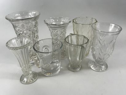 null Lot of seven cut glass vases, some with diamond point decoration, one with ear...