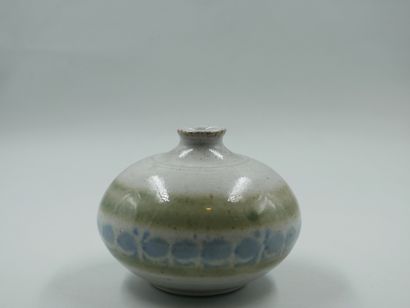 null Small vase with a flattened body in glazed stoneware with grey, green and bluish...
