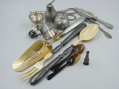 null Silver and metal set including salad servers, absinthe spoons, salt and pepper...