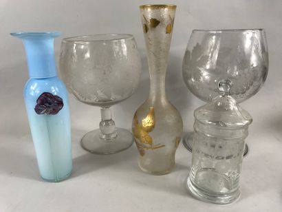 null Lot of glassware including : 

- a frosted glass vase with gilded decoration...