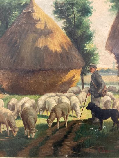 null V.VERNROKEN. 

Shepherd and his flock. 

Oil on canvas signed lower right. 

55...