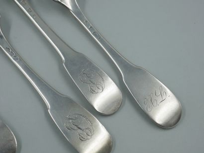 null Lot including: 

- Three silver soup spoons 

- Three silver forks 

Total weight...
