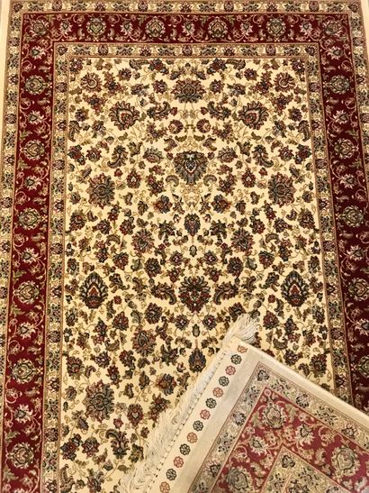 null Modern Turkish carpet with three borders centered on a semi of lotus flowers...