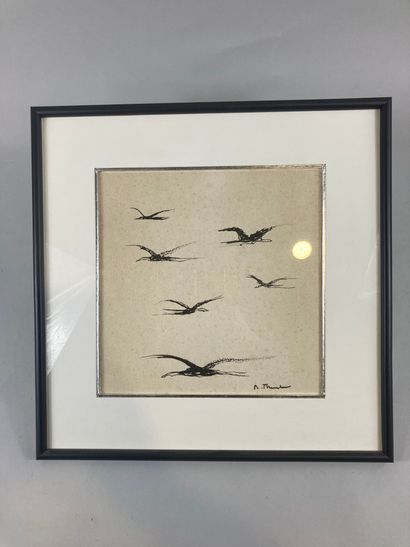 null French school XXth 

"Birds." 

Ink on paper framed under glass signed lower...