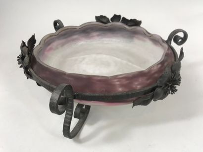 null White and violet marmorated glass bowl, wrought iron frame with flowers decoration....