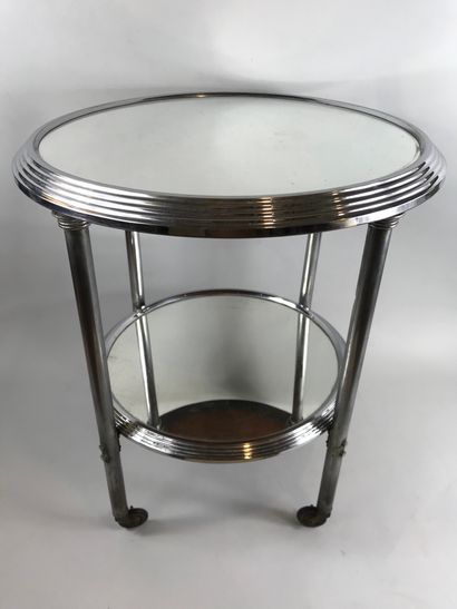 null Sideboard with double mirrored trays surrounded by chrome steps. Chrome tubular...