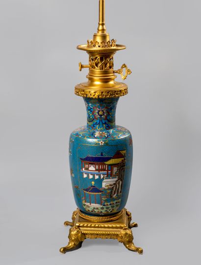 null Lamp of baluster form in bronze and polychrome cloisonné enamels decorated with...