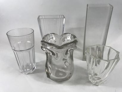 null Lot of five glass vases, some with a moving section, rectangular, etc.

Height:...