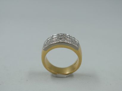null Yellow gold and 18k white gold band ring set with three rows of diamonds in...