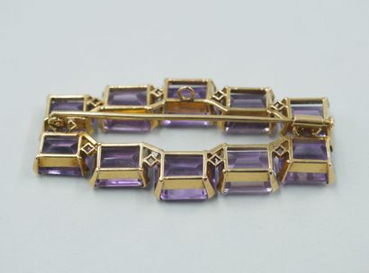 null 14k yellow gold geometrical pendant brooch set with ten emerald cut amethysts...