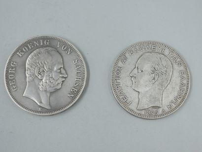 null GRECE. 5 drachmes (2). ALLEMAGNE. Saxe. 5 mark 1903. Bavière. Thaler (2) 1756,...