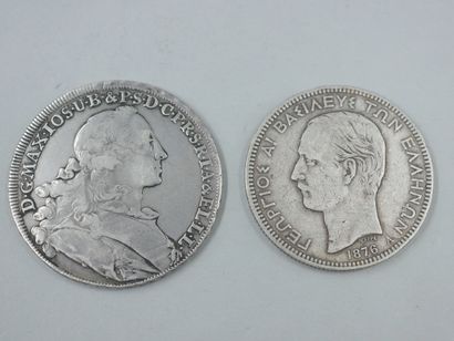  GRECE. 5 drachmes (2). ALLEMAGNE. Saxe. 5 mark 1903. Bavière. Thaler (2) 1756, 1768....