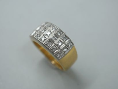 null Yellow gold and 18k white gold band ring set with three rows of diamonds in...