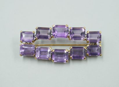 null 14k yellow gold geometrical pendant brooch set with ten emerald cut amethysts...