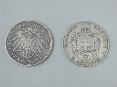  GRECE. 5 drachmes (2). ALLEMAGNE. Saxe. 5 mark 1903. Bavière. Thaler (2) 1756, 1768....