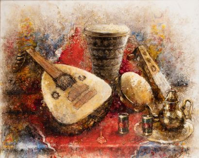  CHABIDI, XXè siècle 
L'heure du thé pour les musiciens 
Huile sur toile, signée...