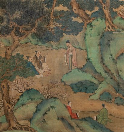  CHINE, XIXème siècle Peinture représentant des lettrés prenant le thé et bavardant...