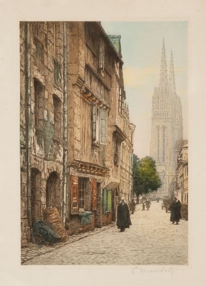  Gustave H. MARCHETTI (1873-?) Quimper, Vue depuis la rue Sainte Catherine sur la...