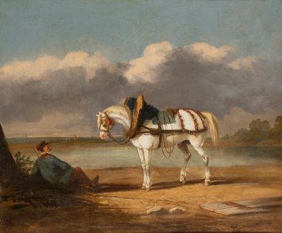  Jean Baptiste Adolphe BRONQUART (XIX) 
Cavalier et sa monture 
Huile sur toile,...