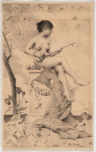  Charles Edmond DAUX (1850-1928) 
Jeune femme jouant de la flûte, 1881 
Dessin au...