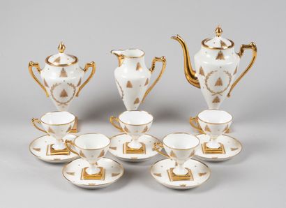 null White porcelain coffee set with gold net and bees decoration including a coffee...