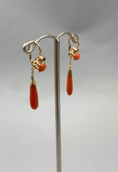 null Pair of 18k yellow gold pendant earrings decorated with drops and cabochon coral...
