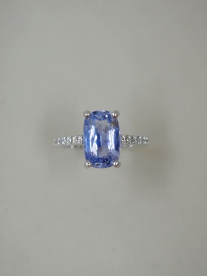  18k white gold ring with a cushion-cut sapphire of about 3.50cts, set with diamonds....