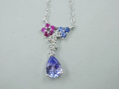 null Necklace in 18k white gold with a pear-cut tanzanite of 0.80cts decorated with...