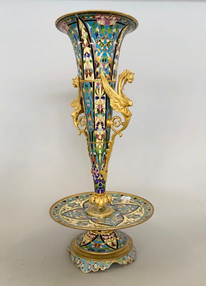 null Pair of cloisonné bronze horn vases on pedestal decorated with polychrome flowers...