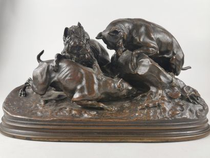  Pierre-Jules MÈNE (1810-1879) 
Les chiens à la chasse 
Epreuve en bronze à patine...
