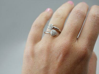 null Vous Moi ring in 18k white gold with two hearts facing each other and paved...
