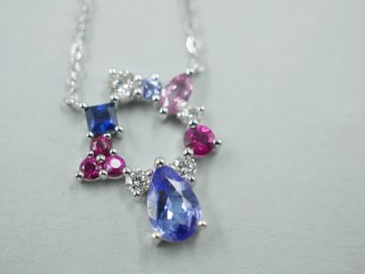 null 18k white gold necklace set with a pear-cut tanzanite surmounted by a circular...