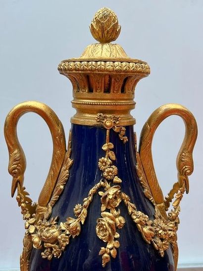 null Pair of Sevres porcelain vases ? mounted in gilt bronze on a pedestal. The handles...