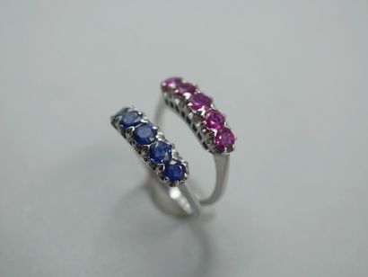null Two 18k white gold garter rings set with five rubies on one and five sapphires...