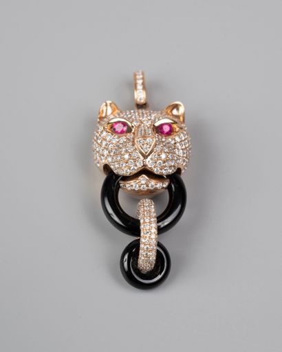 null Panther pendant in 18k yellow gold entirely paved with diamonds, the eyes in...