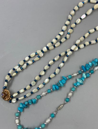 null Lot including : 

- Long turquoise necklace and freshwater pearls. Length: 70...